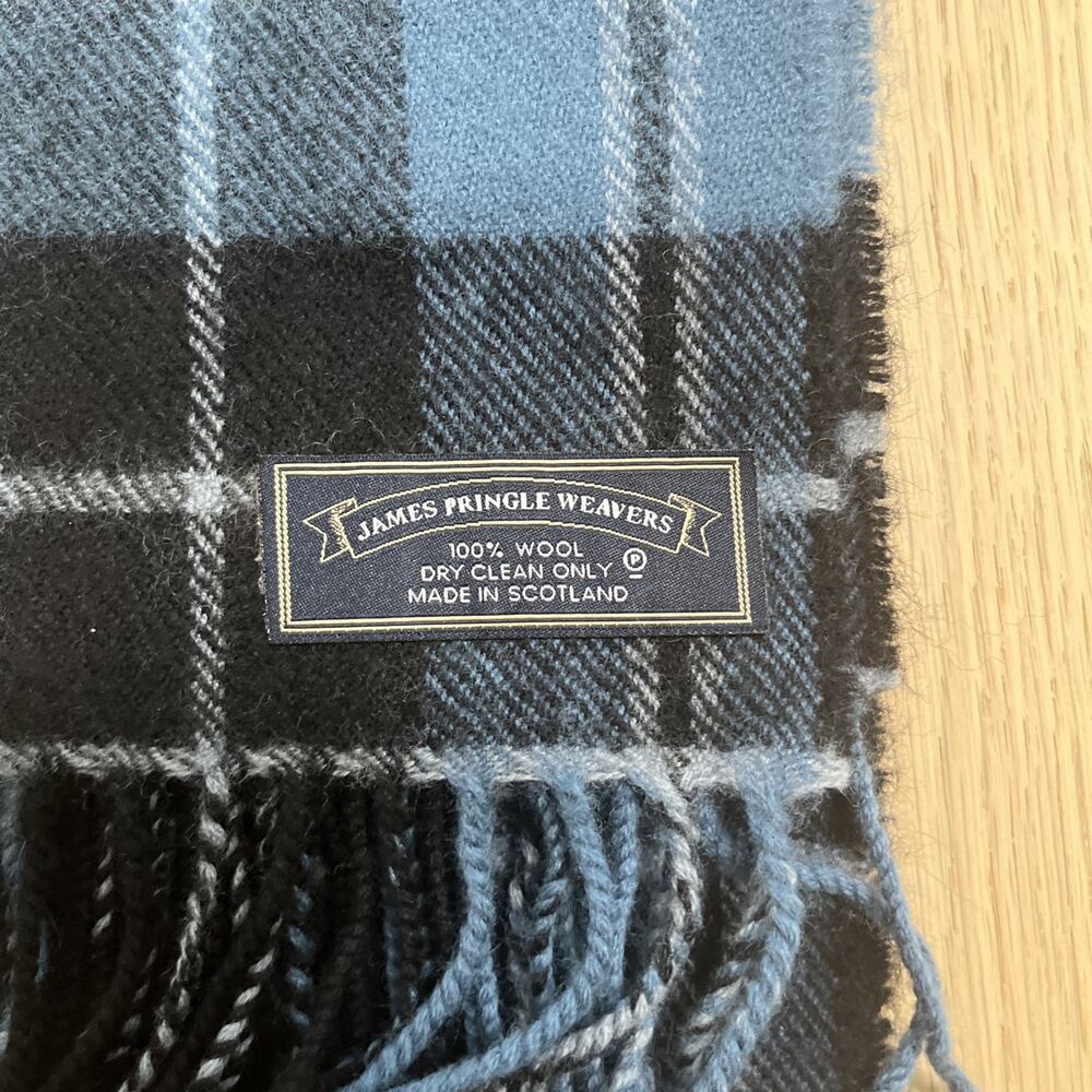 James Pringle Weavers Wool Tartan Plaid Fringed Scarf Winter Accessory Blue - Picture 5 of 5